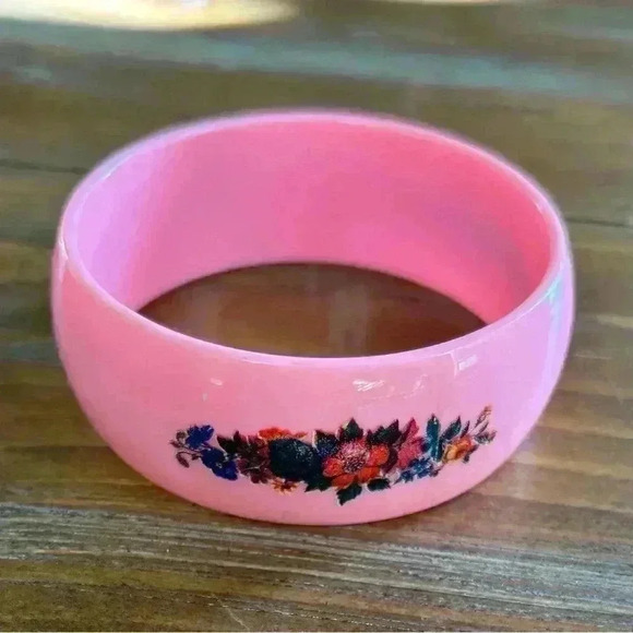 Vintage Chunky Pink Double Sided Flower Print Bangle Bracelet - Picture 2 of 6